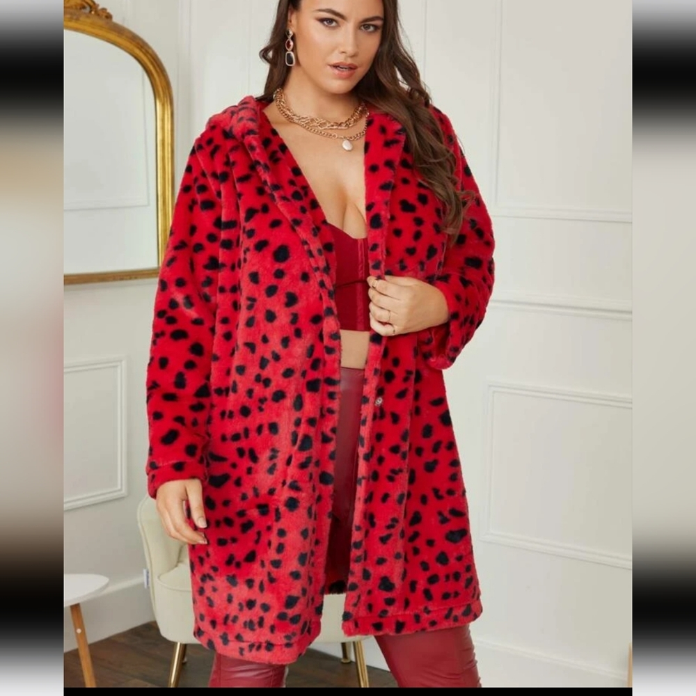 Red Leopard Print Faux Fur Coat